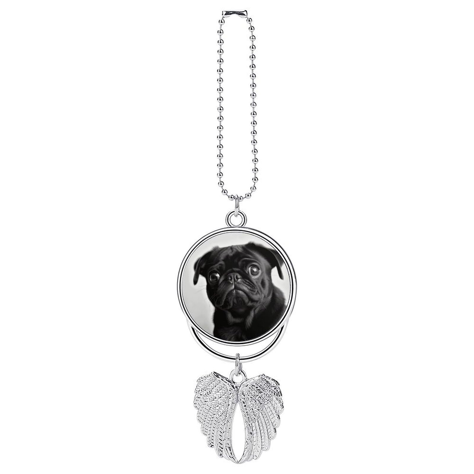 Cute Black Pug Dog Car Charm, Alloy Rear View Mirror Pendant, Bling Funny Car Hanging Ornament Gift for Women Men, Car Pendant Lucky Auto Interior Decoration Accessories Silver-Style