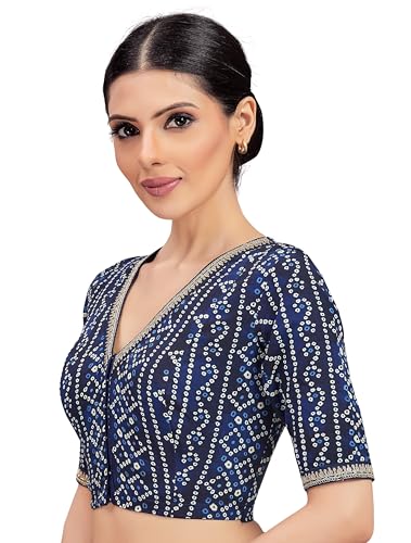 Image of Studio Shringaar Women's Cotton Bandhni Printed & Embroidered Saree Blouse With Elbow Length Sleeves