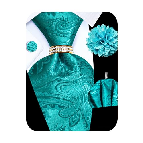 Image of 5PCS Mens Silk Designer Tie, Pocket Square, Cufflinks, Drilled Tie Ring and Lapel Pin Set for Wedding Groom Party