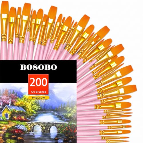 Image of BOSOBO Assorted Nylon Acrylic Artist Paint Brushes Set,Pink,200 Pcs