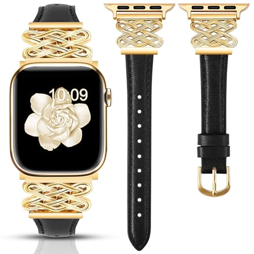 Image of Newlibery Leather Band for Women Slim Dressy Bands Compatible with Apple Watch 38mm 40mm 41mm 42mm 44mm 45mm 49mm, Designer Interlock Buckle Strap for iWatch Series 10 /9 /8 /7 /6 /5 /4 /3 /2 /1 /SE /Ultra