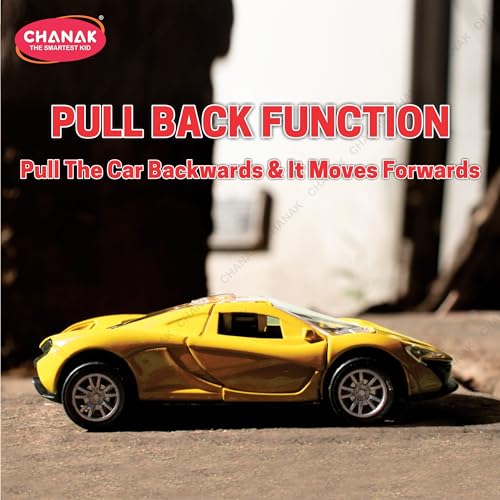 Image of Chanak Die Cast Car for Kids Alloy Metal Pull Back Car Toy Car Toy Vehicle with Openable Doors & LED Lights Cars for Kids Collectible Toy Vehicle Gift for Kids Boys Girls BIS Approved (Yellow)