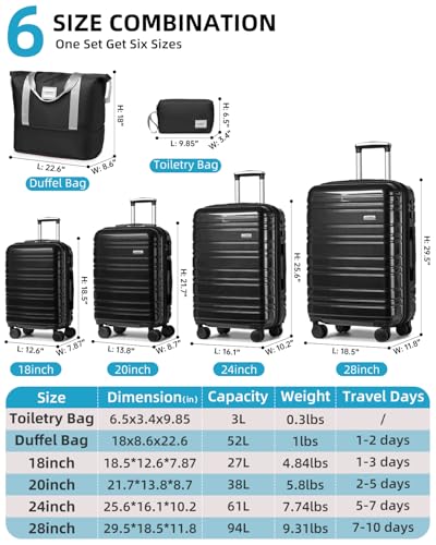 Image of LARVENDER Luggage Sets 6 Piece Hardside Expandable Suitcase with Wheels TSA Lock, PC+ABS Hardshell Lightweight Travel Luggage Sets for Women, Glossy Black
