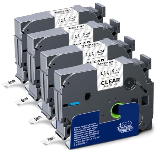 4x XemaX Etikettenband Kompatibel für Brother P-touch Bänder 6mm TZe-111 TZ-111 Schriftbänder Schwarz auf Transparent Etiketten Kassette für Brother PT-E110 H100R H110 H101C H108 E100 H100LB H105