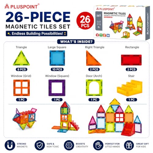 Image of PLUSPOINT 26pc Magnetic Tiles Blocks Building Construction Toys for Kids Ages 3 and Up Imagine and Create STEM Educational Toys for Brain Development and Develop Creativity Toy Blocks