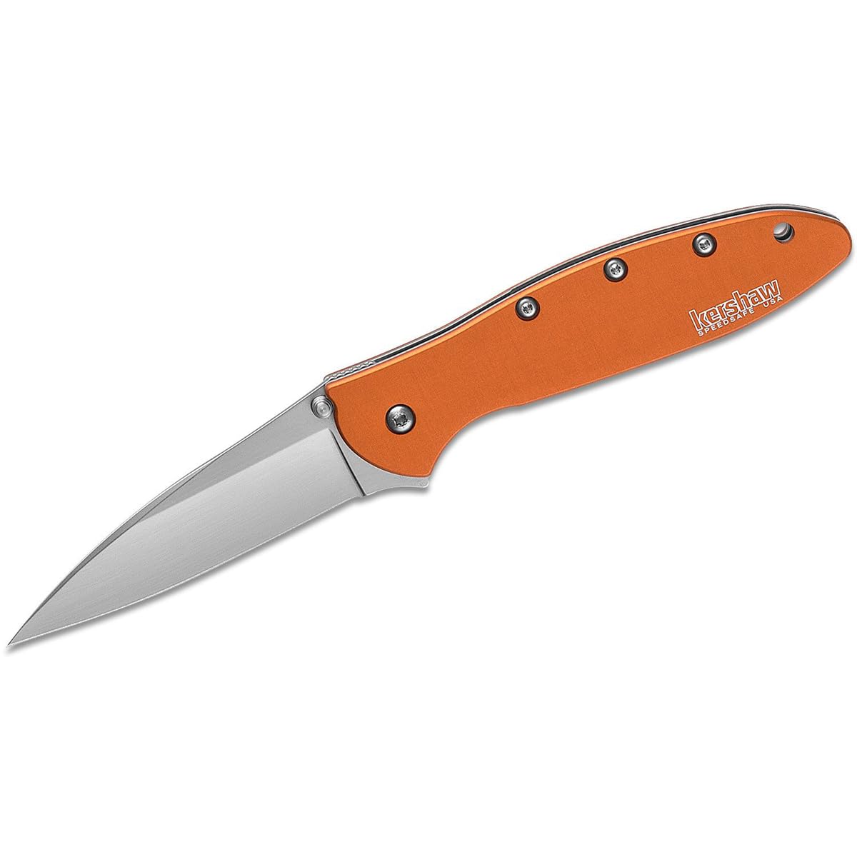 Kershaw Leek, Orange Pocket Knife (1660OR), 3 Bead-Blasted High-Performance Sandvik 14C28N Steel Blade, Orange Anodized Aluminum Handle, SpeedSafe Assisted Opening, Liner and Tip Lock Slider; 2.4 OZ