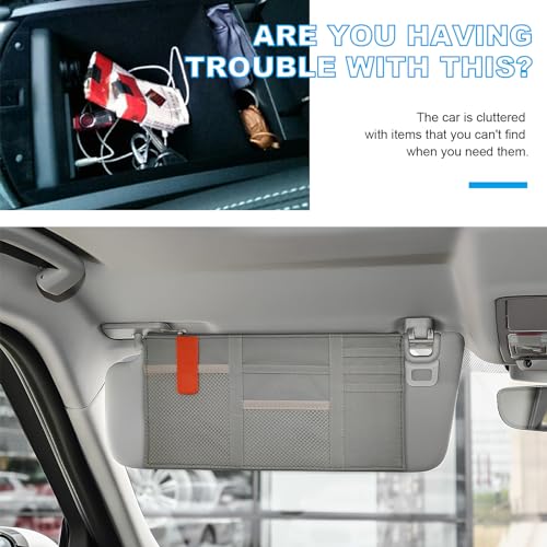 Image of Car Sun Visor Organizer, Auto Interior Visor Storage Pouch Holder with Zipper, Multi-Pocket Net Personal Belonging Organizer, Universal Car Accessory for Cards, Documents (Gray)
