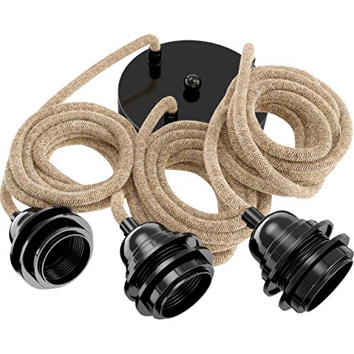 Hoopzi - Câble Suspension Luminaire Corde et Noir - Fil Electrique en Tissu 2,5m - 3 x Ampoules Douille E27 - Pour Salon, Cuisine, Chambre - Modèle Hang 3