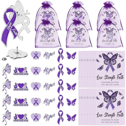 24 Sets Domestic Violence Awareness Month Pin Purple Ribbon Awareness Pin Brooch with Cards Domestic Violence Awareness Month Supplies Anti-domestic Violence Campaign Support Charity Supplies