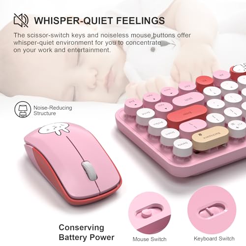 Image of FOPETT Wireless Keyboard and Mouse Cute Mouse and Keyboard 2.4G Wireless Keyboards with Colorful 68 Keys Typewriter Retro Round Keycap for PC, Laptop,Tablet,Computer Windows - Pink Colorful