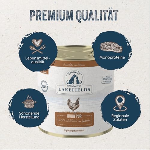 Lakefields Premium Hundefutter Nass | Huhn pur 100% | 400g | Reines Muskelfleisch | Hühnerfleisch aus Freilandhaltung vom Bodensee | Getreidefreies Nassfutter für Hunde | Regional & Naturbelassen