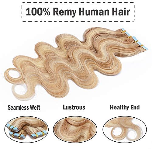 Hairro Tape in Human Hair Extensions Down 16 Inch Ash Blonde Mix Bleach Blonde