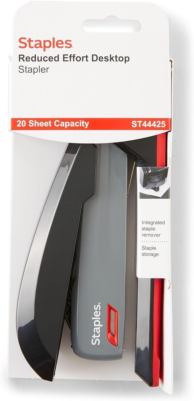 Staples One‑Touch Desktop Stapler, Full‑Strip Capacity, Gray/Black/Red – Smooth‑Press Stapler