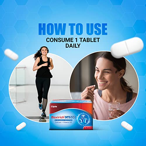 Image of Cipla Maxirich Cal 500 (45 Tablets) | Calcium 500mg & Vitamin D3 | For Strong Bones, Joints & Teeth (15 x 3 Strips)