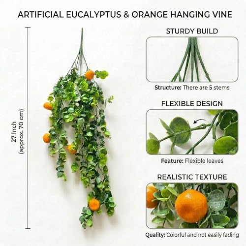 Image of Dekorly 2 Pack Artificial Plants Artificial Hanging Plants Faux Eucalyptus Leaf Greenery Fake Hanging Eucalyptus Plant (Green) (2, Orange Vine)