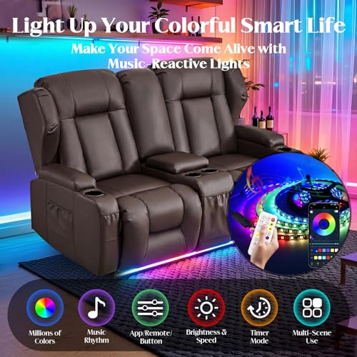 Image of SAMERY 65.5 inch Loveseat Recliner Sofa | Double Recliner Sofa & Console | Wall Hugger Loveseat Reclining RV Theater Seats | RV Couch Home Theater Seating Furniture (Faux Leather Brown)