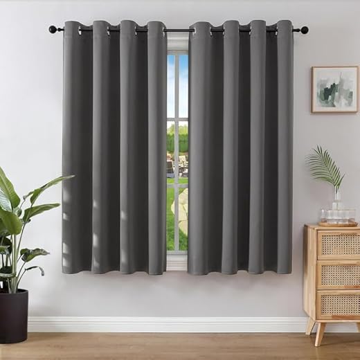 Joydeco Blackout Curtains for Bedroom 46 x 54 Inch, Eyelet Thermal Insulated Energy-saving Drapes for Room Darkening Light Filtering, Short Window Treatments 54 Inch Drop, 2 Panels - Dark Grey