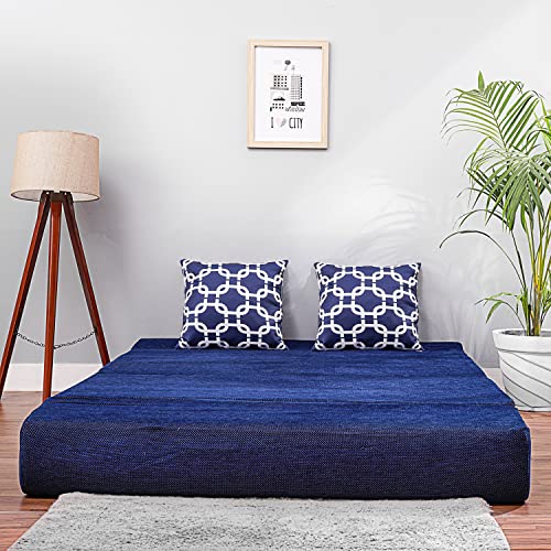 Image of Convertible Fabric Sofa Cum Bed | Foldable Double Foam & Washable Cover with Cushions | Modern Design Use Living Room & Guest Room (Moshi-Blue-Multi-Chain, 4X6 Ft)