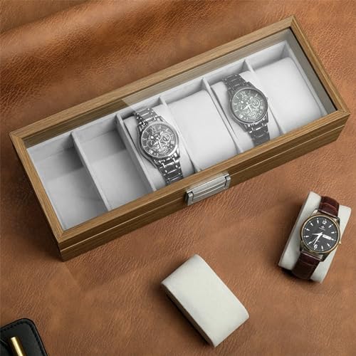Image of KLIFFOO Watch Box Organizer - 6 Slots Display Case with Glass Lid, Wooden, Soft Velvet Interior - Elegant Wrist Watch Storage Box for Men's & Women's Watches, Jewelry & Accessories Collection Case