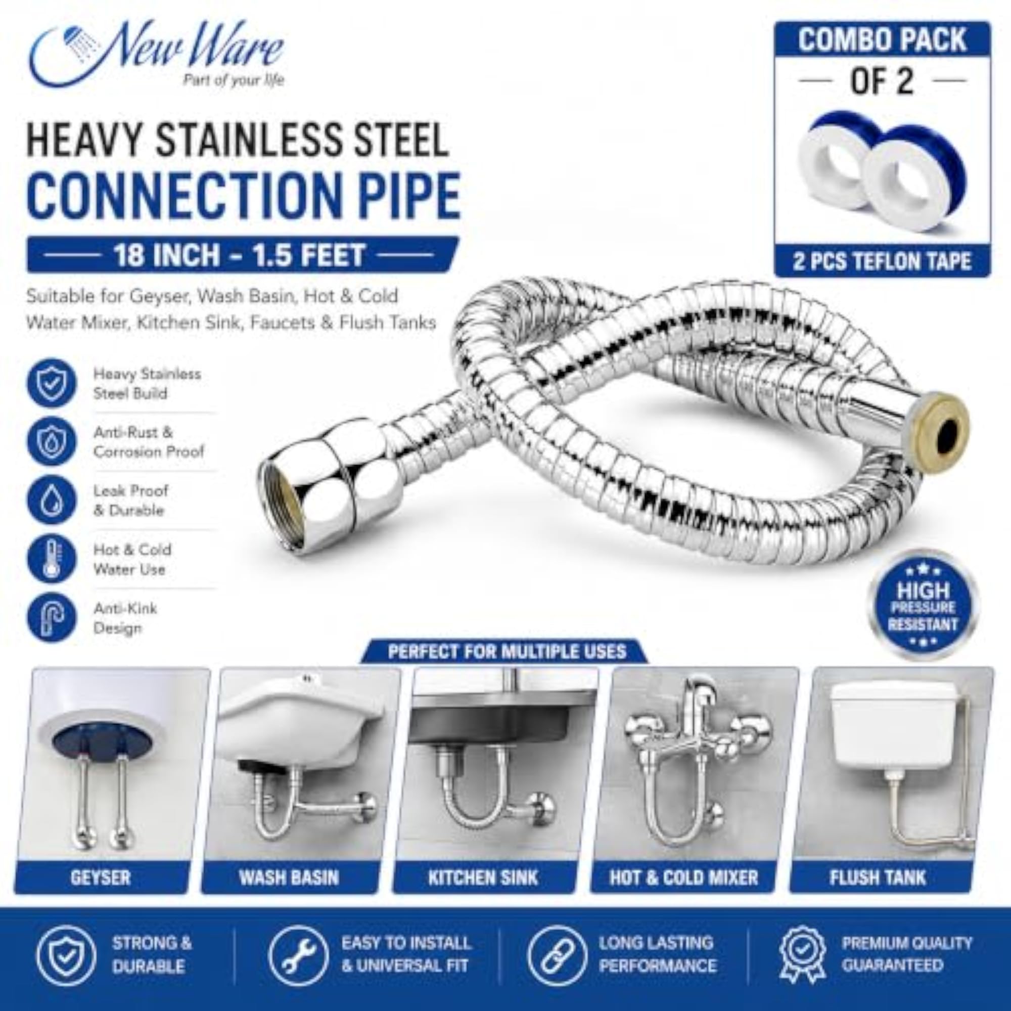 Heavy Stainless Steel Connection Pipe for Geyser and Sinks
