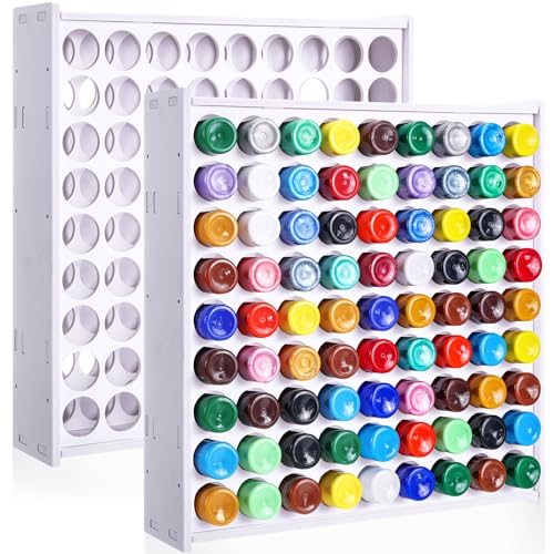 Hicarer 2 Pcs 81 Holes Craft Paint Storage Organizer Vertical Paint Rack Stand Storage Containers Wall Mounted Holder Removable Organizer Box for 2oz Bottle Art Supplies