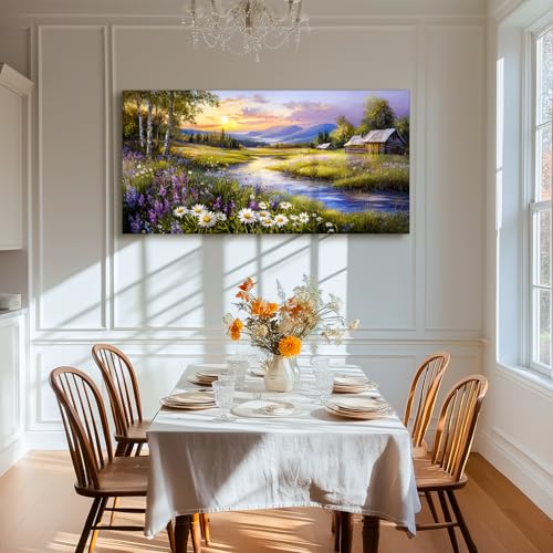 SERIMINO Large Wall Art for Living Room, River Landscape Wall Art, Meadow Wildflower Canvas Art Prints, Countryside Sunset Paintings Wall Decor for Bedroom, Farmhouse Kitchen Decor Pictures 24"X48"