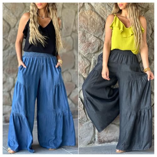utcoco Women's Casual Baggy Ruffle Wide Leg Jeans Stretch High Waisted Denim Pants Comfy Lounge Trousers2
