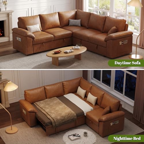 Image of 85 Inch Faux Leather Modular Sectional Sofa with Pull Out Bed, L Shaped 5 Seat Sectional Sleeper Sofa with Storage, Sectional Couches for Living Room, Cloud Modular Couch,Brown Leather