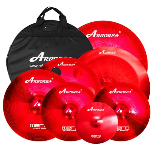 Arborea Cymbal Set for Drummer 7 pcs Red Hero Series Include 14Hihats 16Crash 20Ride Bonus 10 Splash 16Ozone Stacker 18 China Cymbal Plus Bag