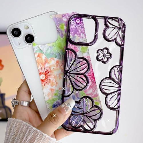 Image of mobistyle Designed for iPhone 15 Plus Phone Case | Electroplating Colorful Flower 3D Cover Soft TPU Camera Protection for Women Girls iPhone Case (Flower Purple)