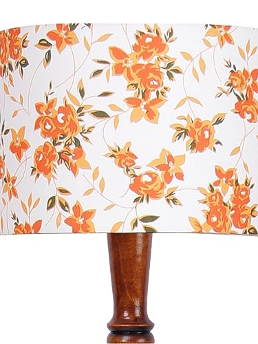 Image of Cotton Shade Floor Lamp with Wooden Base - Height 56 Inches, Orange Floral | Modern Standing Lamp for Living Room, Bedroom, Office | Stylish & Decorative Home Lighting | Elegant Decor