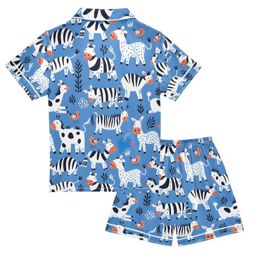 ALAZA Cute Bird Zebra Cow Blue Pajamas Satin Pajama Set Short Sleeve Button Down Sleepwear2