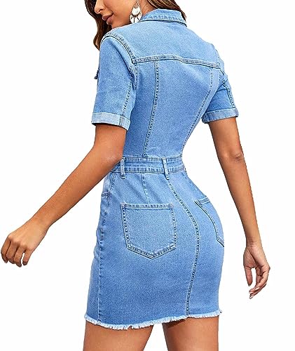 Sexyshine Women's Sexy Button Down Bodycon Denim Dress Lapel V Neck Short Sleeve Jeans Mini Pencil Club Dresses3