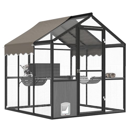 Aluminum Walk-In Large Outdoor Cat Enclosure, Large Outdoor Catio for Multiple Cats, Outside Cattery with Weatherproof Roof with Channels, Side Door, UV Proof Cover, Huge Condo, Platform