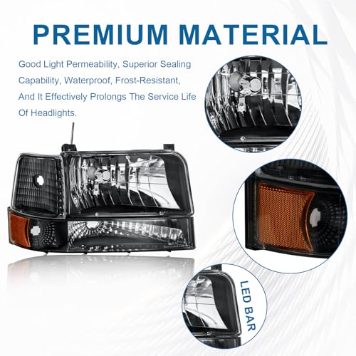 Image of Headlights for 92-96 Ford F150 F250 F350 Bronco 1992 1993 1994 1995 1996 Replacements Assembly Black Housing Amber Reflector