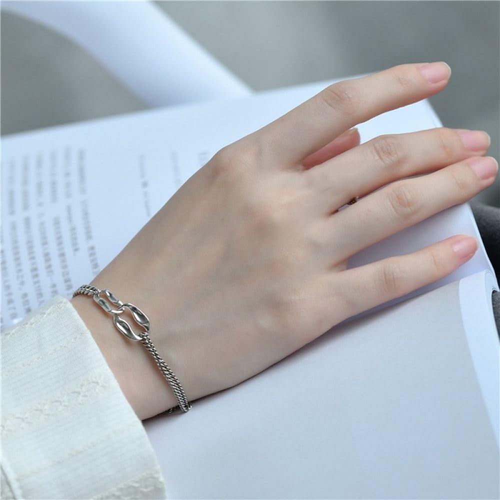 Armband Damen Silber,S925 Silber Armband Silber Doppelring Anhänger Schlangenkette Nähte Silberarmband Armreif Mit Verstellbarer Silberkette Glücksschmuck Für Frauen
