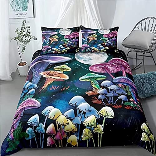 Magic Comforter Set Twin Size Mushroom Bedding Set Wild Plant Mushroom Duvet Cover Trippy Style Fairy Tale Theme Quilt Cover for Girl with Zipper 2pcs 1 Duvet Cover+1 Pillowcase
