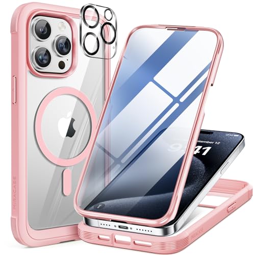 Image of Miracase Magnetic for iPhone 15 Pro Max Case 6.7'' [Compatible with Magsafe] Full-Body Military Drop Proof for iPhone 15 ProMax Case with Built-in 9H Tempered Glass Screen Protector,Pink