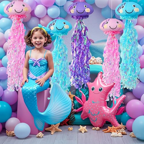 Image of Jellyfish Paper Lanterns, Under The Sea Party Decorations, Hanging Jelly Fish Paper Lantern with Smile Face Printed for Mermaid Theme Party Ocean Birthday Decoration Baby Shower Classroom Decor