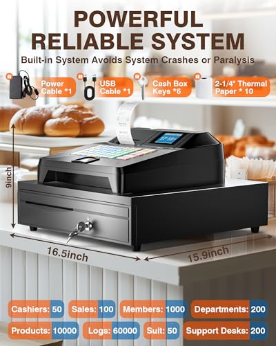 Image of PYY Cash Register for Small Businesses - Commercial Electronic Caja Registradora para Negocio with Black Large Lock Cash Drawer Box, 8 Digital Dual Display Retail System for Restaurant Supermarket