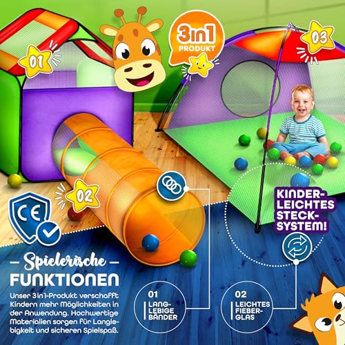 KIDUKU Kinderspielzelt Bällebad Pop Up Spielzelt Iglu Spielhaus + Krabbeltunnel + 200 Bälle + Tasche, für drinnen und draußen