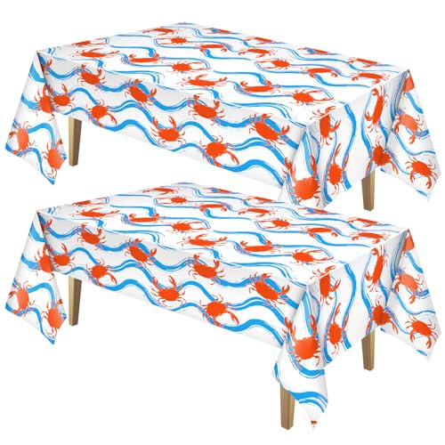 Image of Juexica 2 Pcs 54 x 108 Inch Crab Boil Party Table Cloth Summer Seafood Party Supplies Plastic Crab Tablecover Decorations Rectangular for Sea Animals Dining Kitchen Centerpiece (Blue Waves Style)