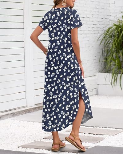 Image of MISFAY Women's Summer Maxi Dress 2026 Casual Short Sleeves V Neck Loose Sundress Split Long Beach T Shirt Dress