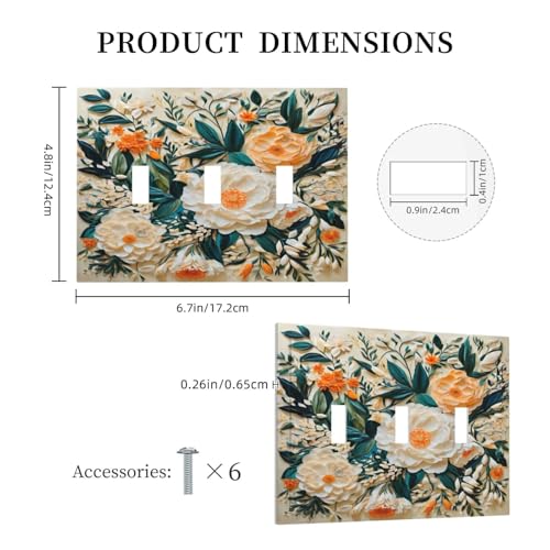 Decorative Switch Covers Plate Rustic Big Flowers Abstract Floral 3 Gang Wall Plate Oversized Triple Toggle Light Switch Plate Jumbo Faceplate for Country Bedroom Home Decor