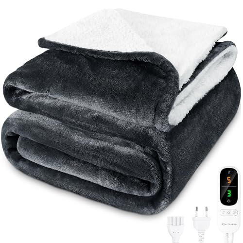 MYCARBON Couverture Chauffante 180x160cm, 2 Places, Arrêt Automatique, Minuterie 9H, 6 Températures, Protection Contre la Surchauffe, Lavable Machine, Plaid Chauffant pour Canapé, Lit, Gris Foncé