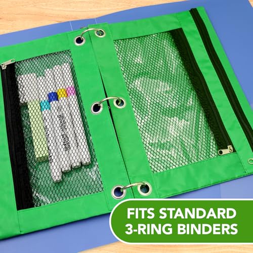 Image of Pencil Pouch for 3 Ring Binder, Heavy Duty Canvas Dual Zipper Pen Bag with Clear Window, Smooth Metal Zipper, Fit Standard 3-Ring Binders for School Office Travel Supplies (Green)