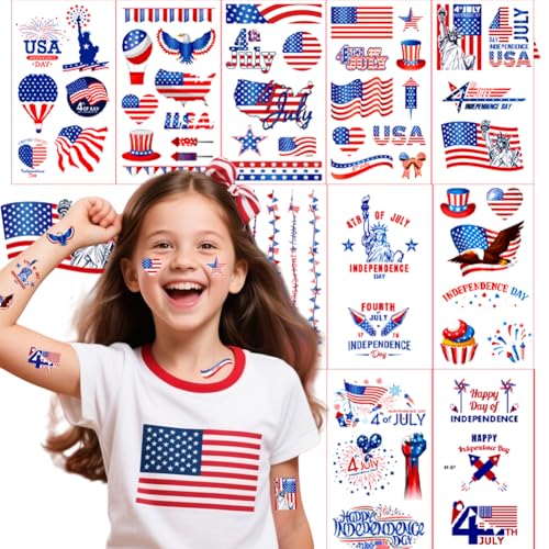 4th of July Temporary Tattoos, 10 Sheets July 4 American Flag Stickers Red White and Blue USA Flag Patriotic Decorations, Independence Day Party Supplies for Memorial Day, Labor Day Decor