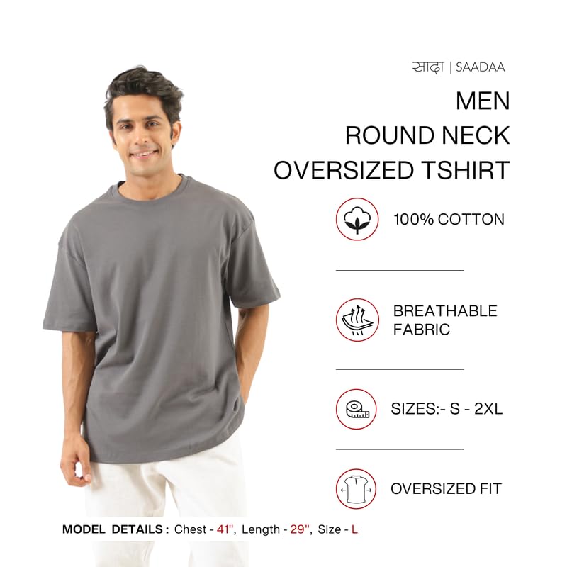 Image of SAADAA Men's Oversized Cotton T-Shirt | 210 GSM Heavyweight Fabric | Drop Shoulder | Dual Knit | Comfortable Casual Wear | Solid Colors