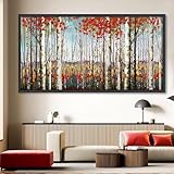 Picture of Large Framed Wall Art for Living Room Bedroom Modern Wall Decor of Red Leaves White Birch Tree Forest Giclee Painting Artwork Wall Decoration 29x58 Large Size Black Framed