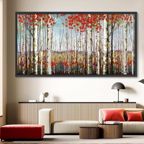 Peinture giclée encadrée haut de gamme design feuilles rouges et bouleau blanc 152cm